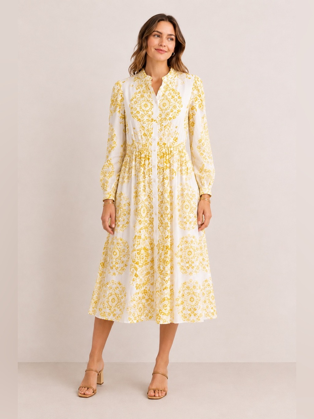 Julia Jordan White Yellow Print Button Front Shirt Dress Size 6